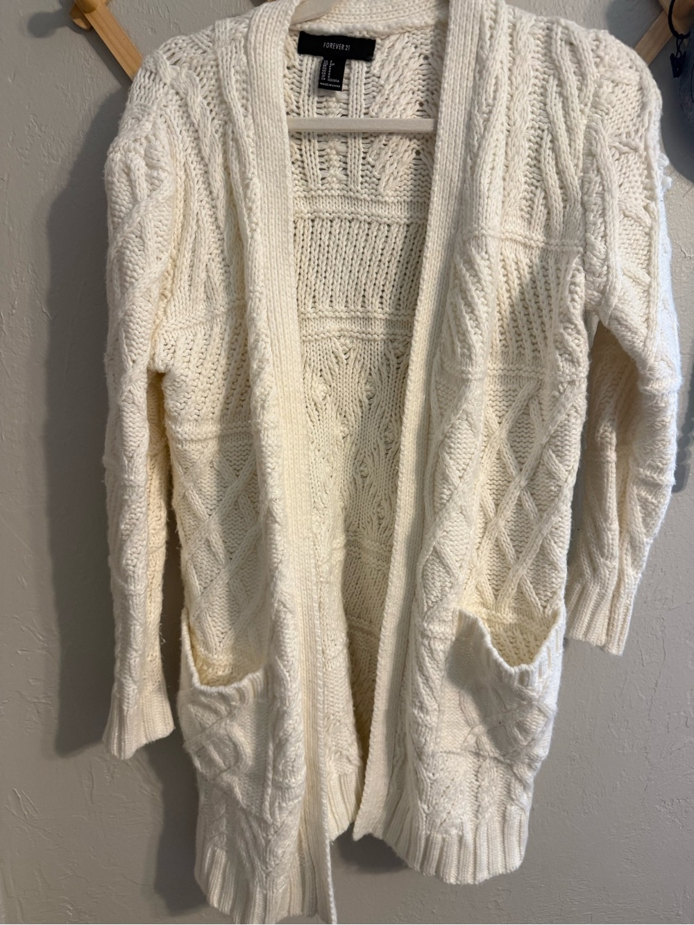 Forever 21 Cream Cable-Knit Open Cardigan with Pockets